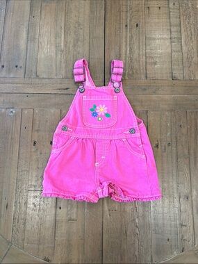 Oshkosh Y2K retro pink denim short overalls 18 months flower embroidered ruffles